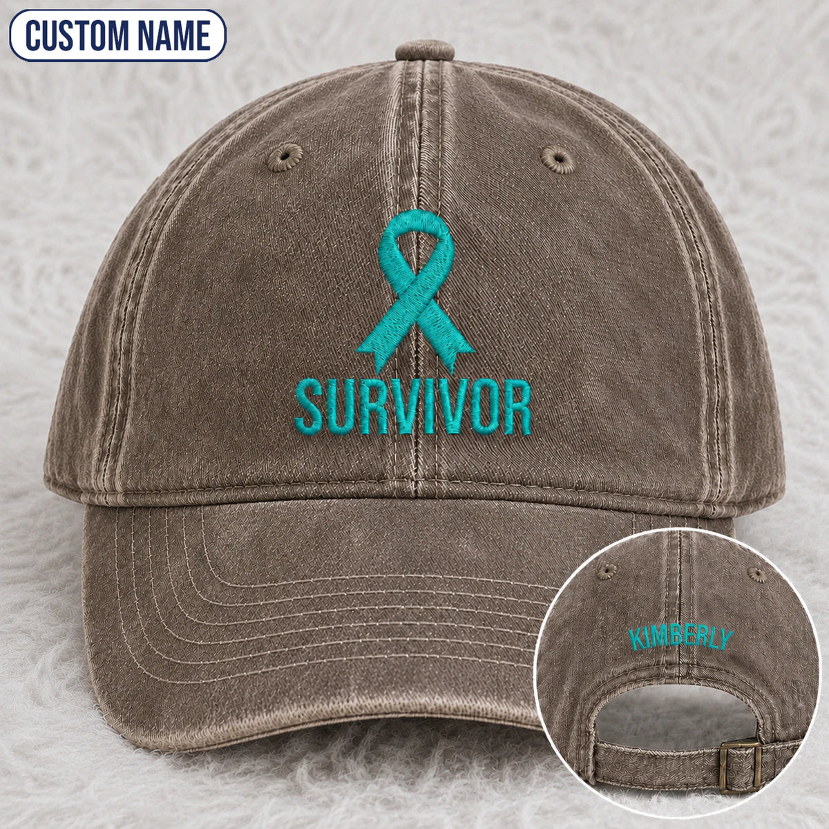 Personalized Survivor Ribbon Teal Ribbon Embroidered Washed Cap