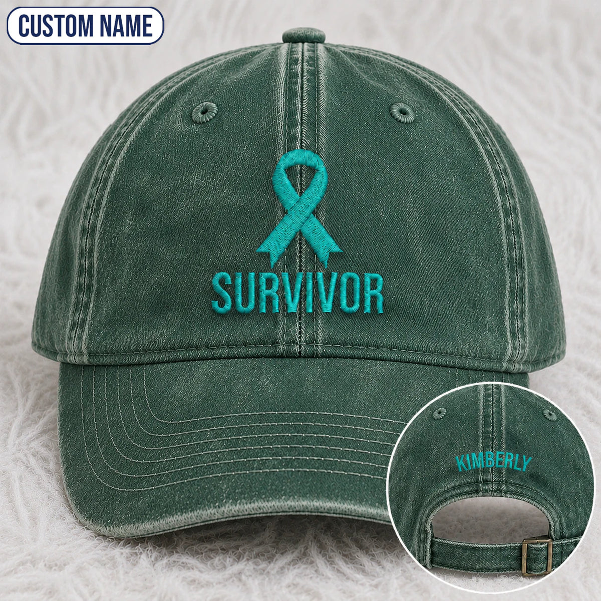 Personalized Survivor Ribbon Teal Ribbon Embroidered Washed Cap