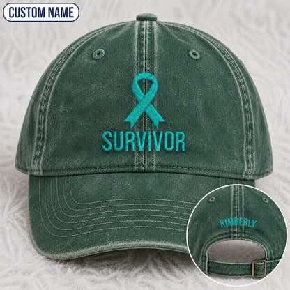 Personalized Survivor Ribbon Teal Ribbon Embroidered Washed Cap