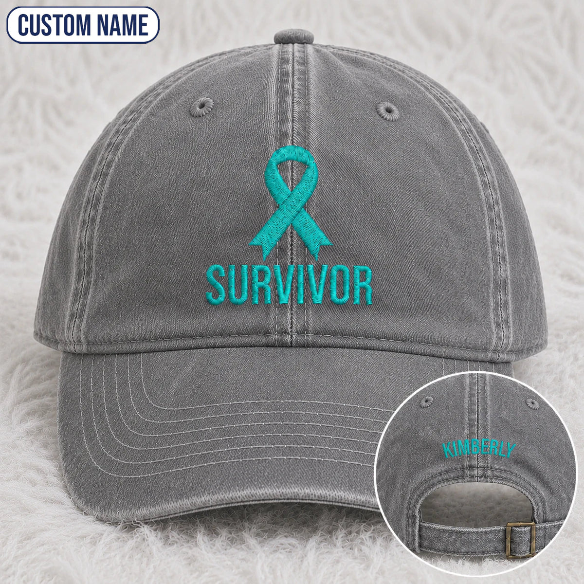 Personalized Survivor Ribbon Teal Ribbon Embroidered Washed Cap