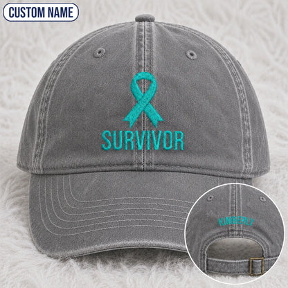 Personalized Survivor Ribbon Teal Ribbon Embroidered Washed Cap
