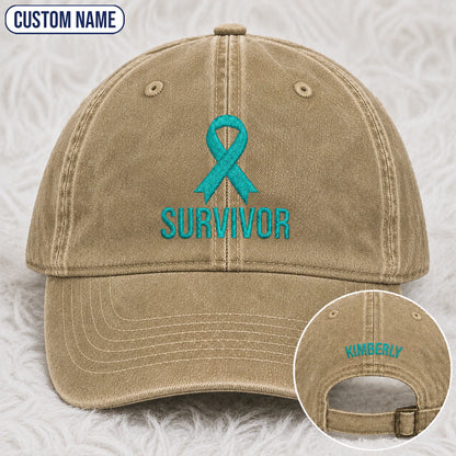 Personalized Survivor Ribbon Teal Ribbon Embroidered Washed Cap
