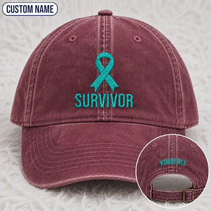 Personalized Survivor Ribbon Teal Ribbon Embroidered Washed Cap