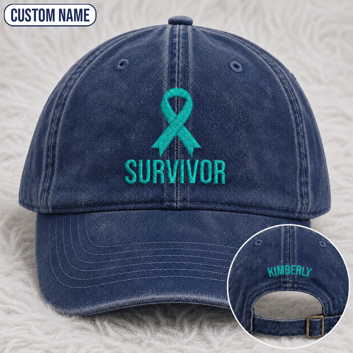 Personalized Survivor Ribbon Teal Ribbon Embroidered Washed Cap