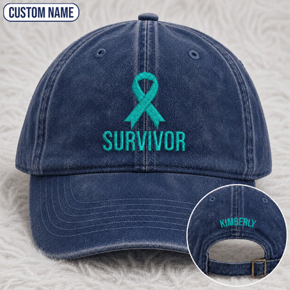 Personalized Survivor Ribbon Teal Ribbon Embroidered Washed Cap