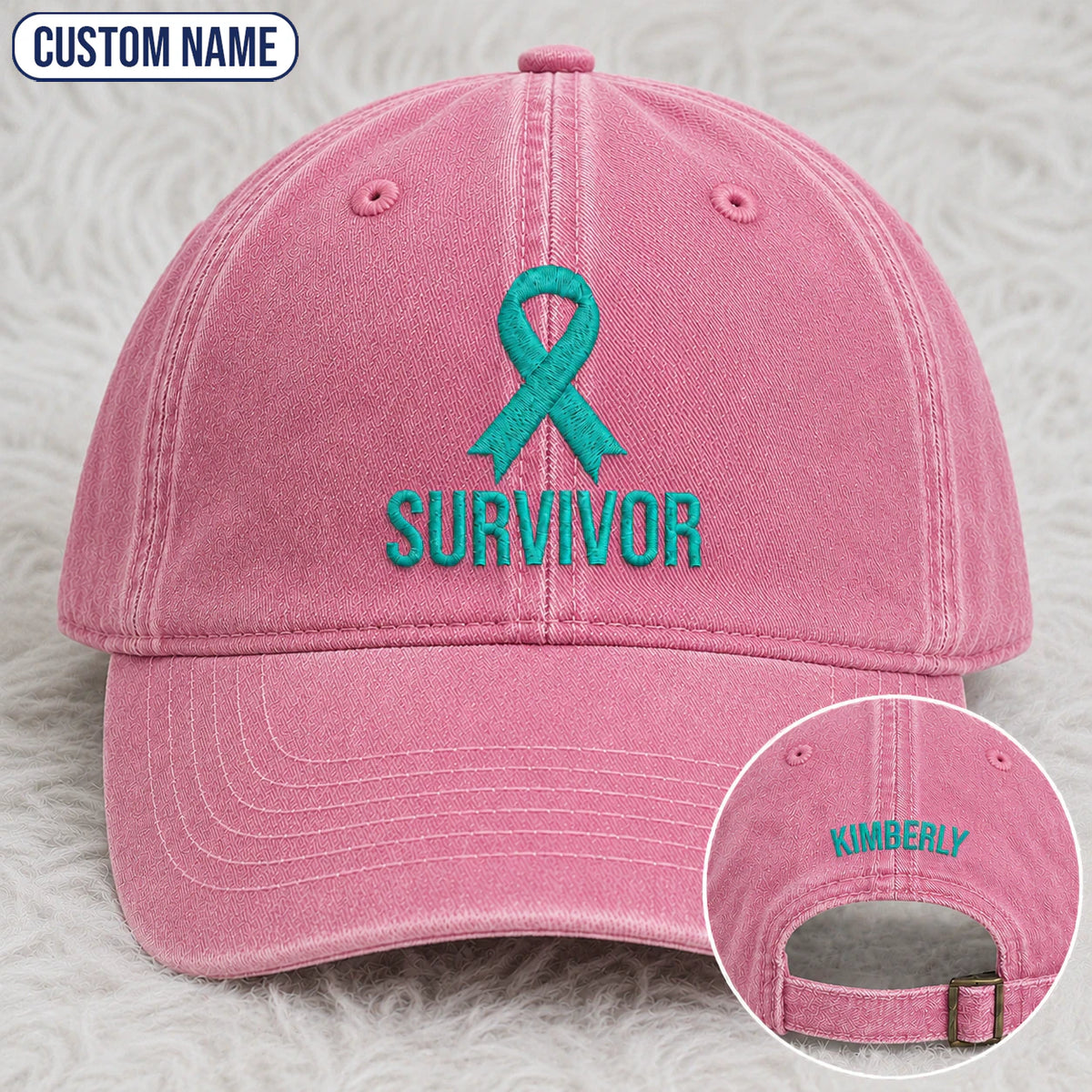 Personalized Survivor Ribbon Teal Ribbon Embroidered Washed Cap