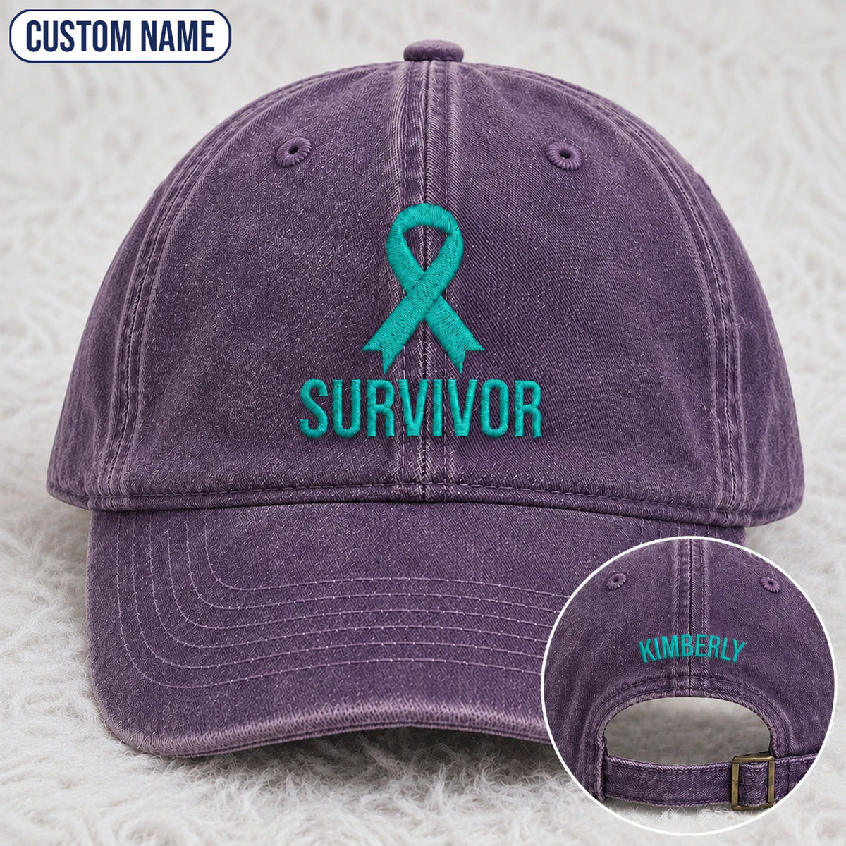 Personalized Survivor Ribbon Teal Ribbon Embroidered Washed Cap