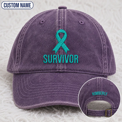 Personalized Survivor Ribbon Teal Ribbon Embroidered Washed Cap