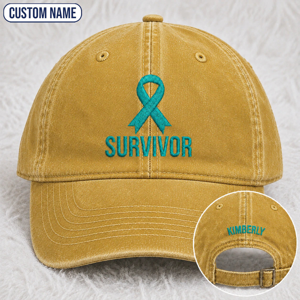Personalized Survivor Ribbon Teal Ribbon Embroidered Washed Cap