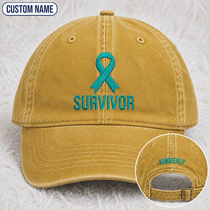 Personalized Survivor Ribbon Teal Ribbon Embroidered Washed Cap