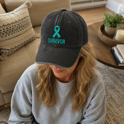 Personalized Survivor Ribbon Teal Ribbon Embroidered Washed Cap