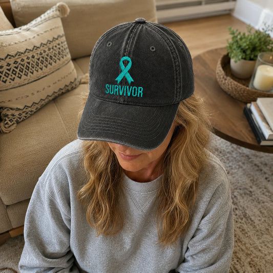 Personalized Survivor Ribbon Teal Ribbon Embroidered Washed Cap