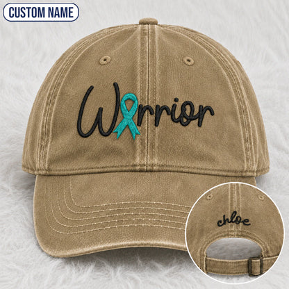 Personalized Warrior Teal Ribbon Embroidered Washed Cap