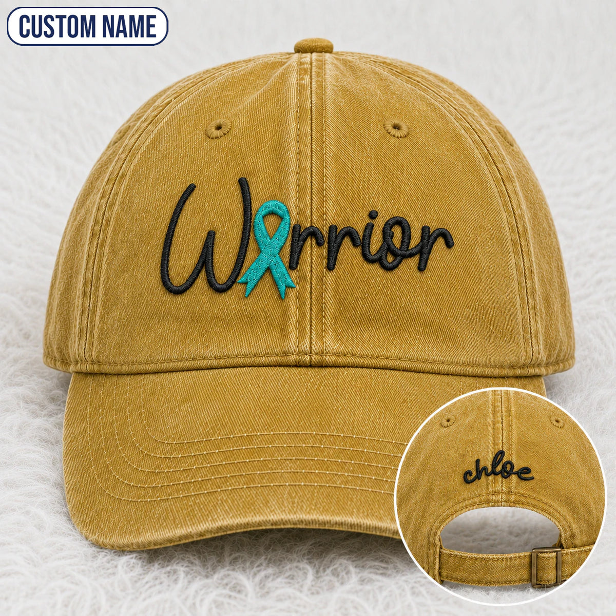 Personalized Warrior Teal Ribbon Embroidered Washed Cap