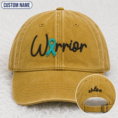 Personalized Warrior Teal Ribbon Embroidered Washed Cap