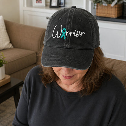 Personalized Warrior Teal Ribbon Embroidered Washed Cap