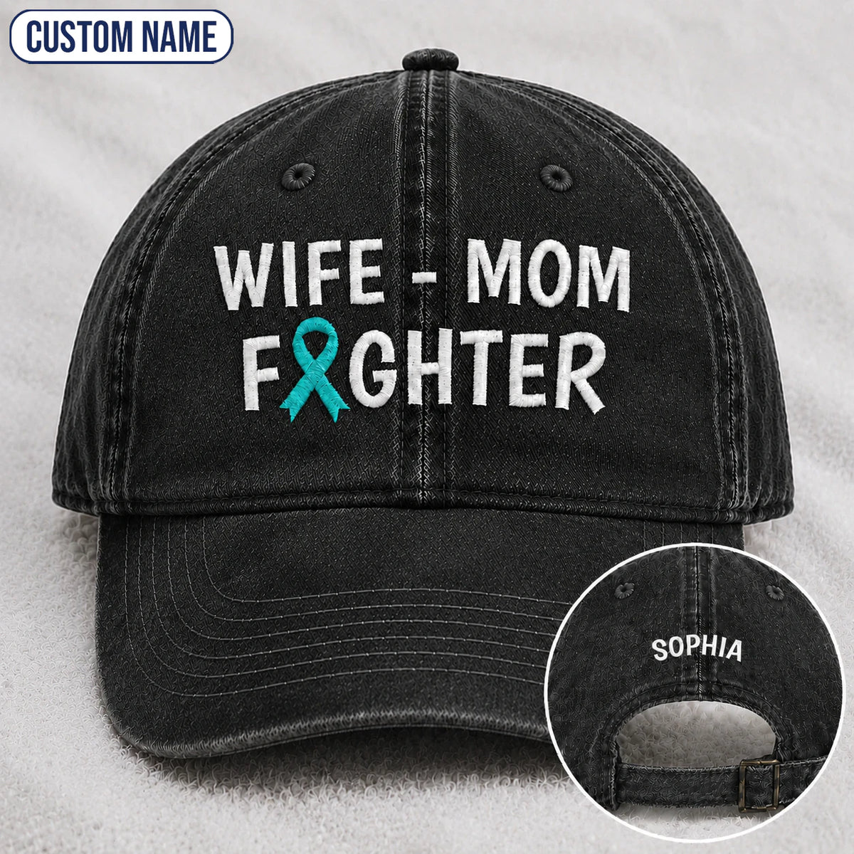 Personalized Wife Mom Fighter Teal Ribbon Embroidered Washed Cap