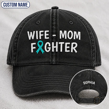 Personalized Wife Mom Fighter Teal Ribbon Embroidered Washed Cap