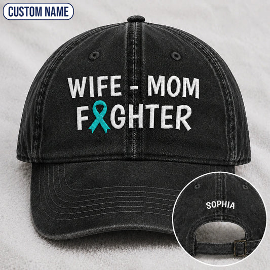 Personalized Wife Mom Fighter Teal Ribbon Embroidered Washed Cap