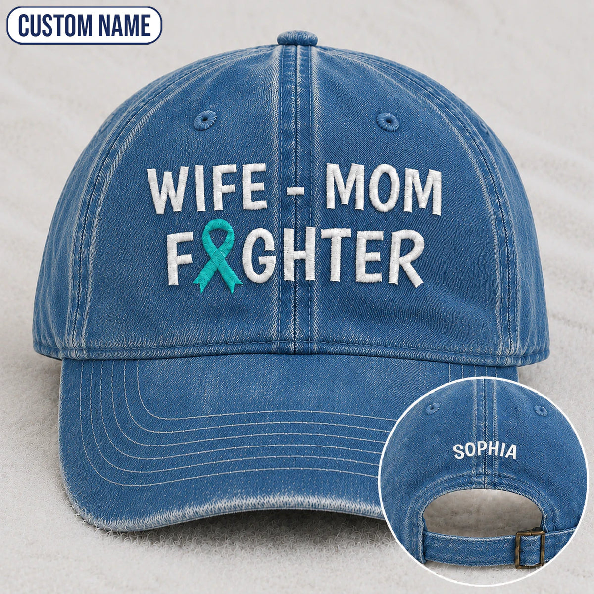 Personalized Wife Mom Fighter Teal Ribbon Embroidered Washed Cap