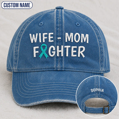 Personalized Wife Mom Fighter Teal Ribbon Embroidered Washed Cap