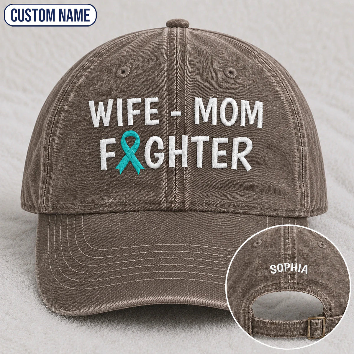 Personalized Wife Mom Fighter Teal Ribbon Embroidered Washed Cap
