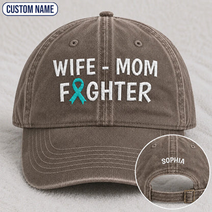 Personalized Wife Mom Fighter Teal Ribbon Embroidered Washed Cap