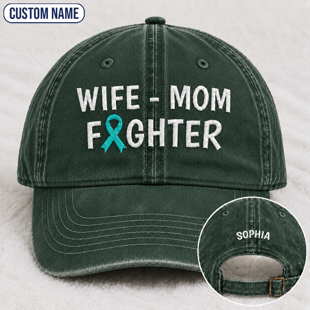 Personalized Wife Mom Fighter Teal Ribbon Embroidered Washed Cap
