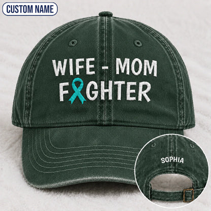 Personalized Wife Mom Fighter Teal Ribbon Embroidered Washed Cap