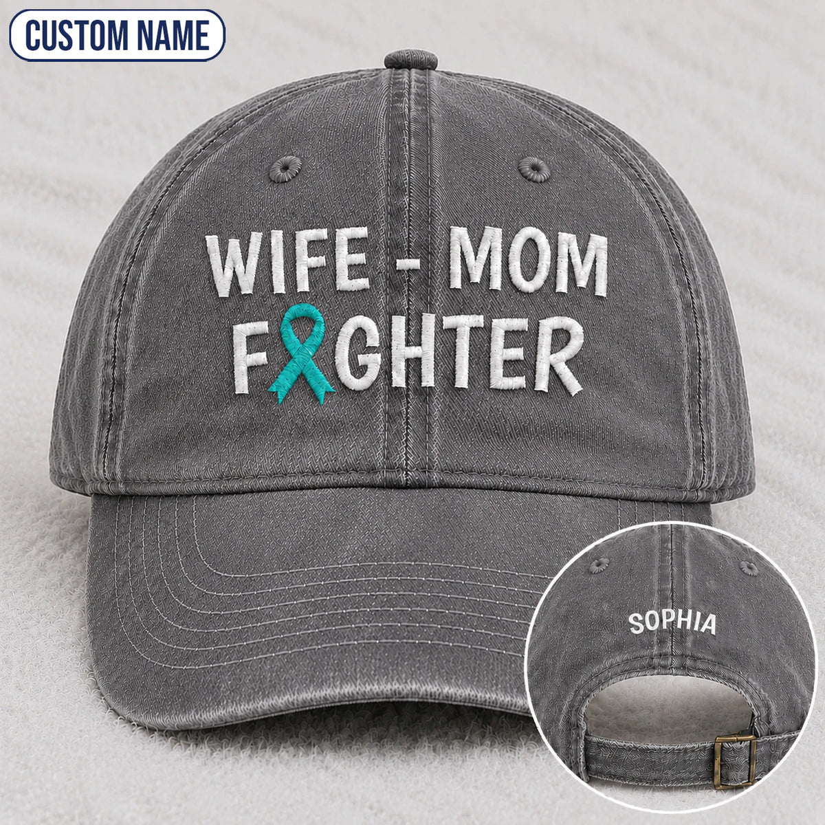 Personalized Wife Mom Fighter Teal Ribbon Embroidered Washed Cap