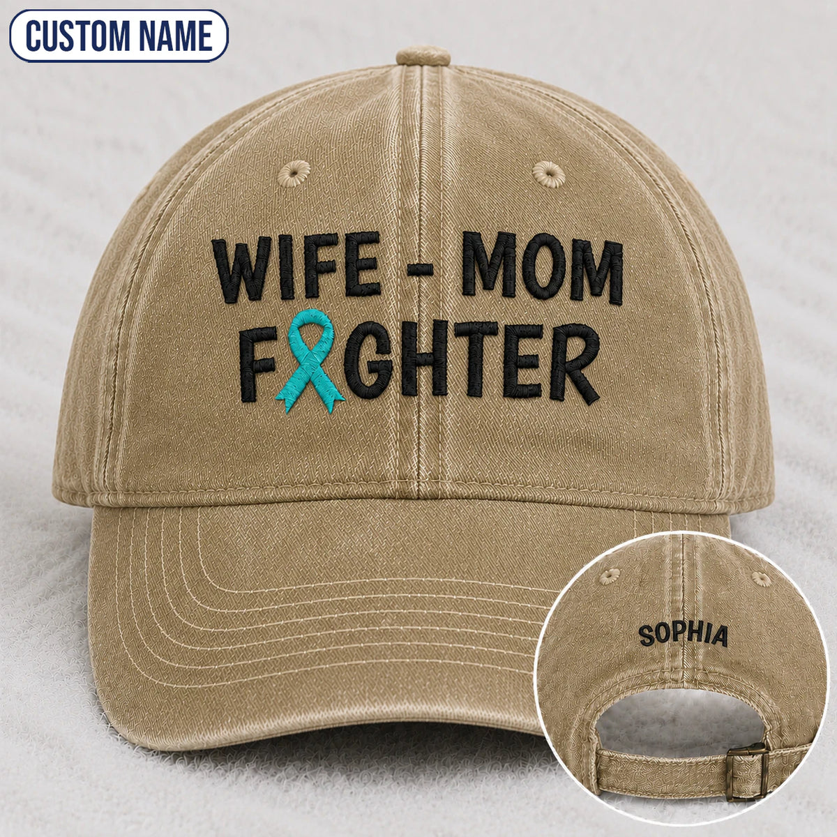 Personalized Wife Mom Fighter Teal Ribbon Embroidered Washed Cap