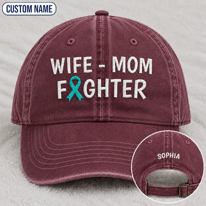 Personalized Wife Mom Fighter Teal Ribbon Embroidered Washed Cap