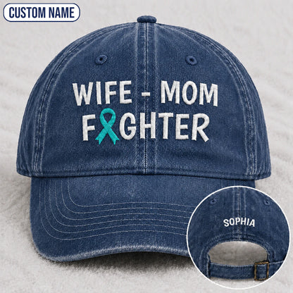 Personalized Wife Mom Fighter Teal Ribbon Embroidered Washed Cap
