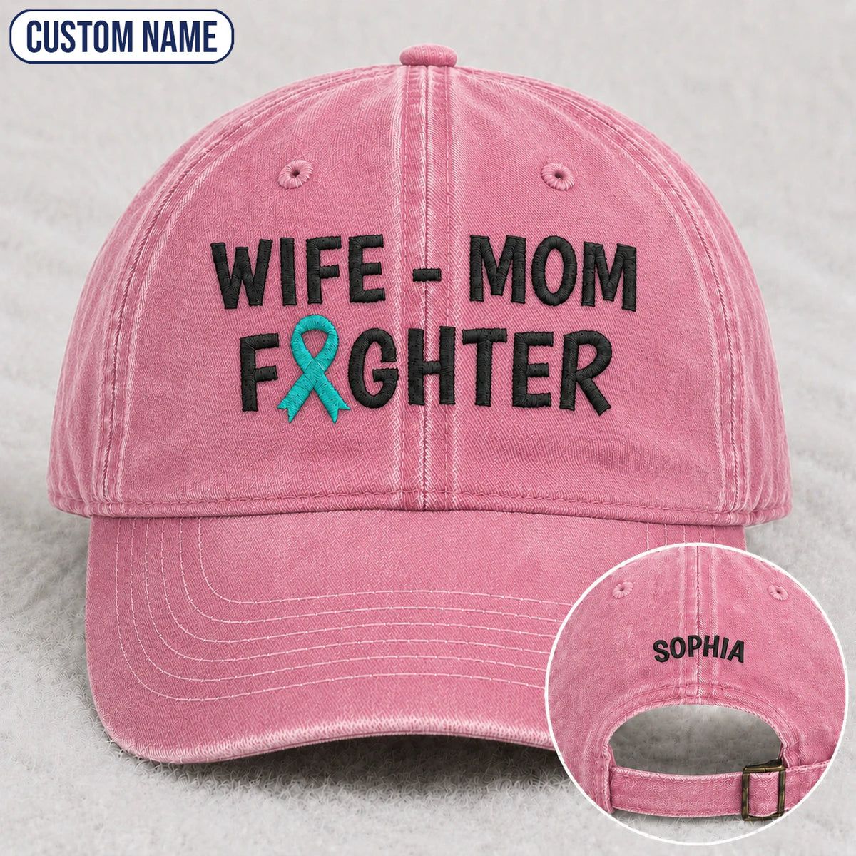 Personalized Wife Mom Fighter Teal Ribbon Embroidered Washed Cap