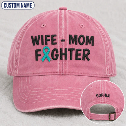 Personalized Wife Mom Fighter Teal Ribbon Embroidered Washed Cap