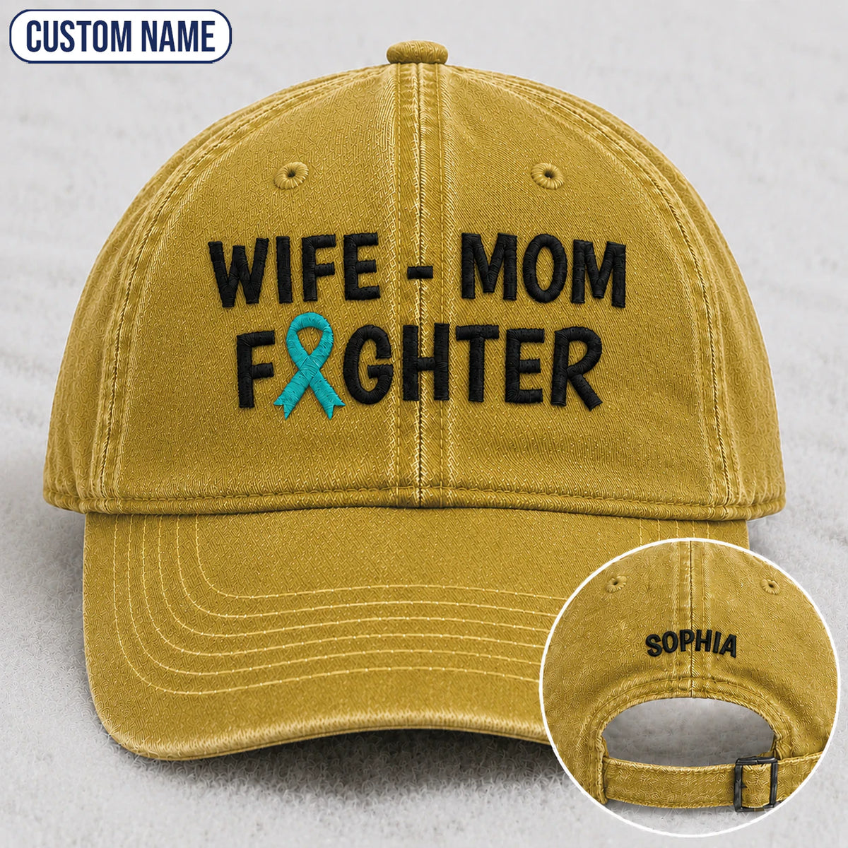 Personalized Wife Mom Fighter Teal Ribbon Embroidered Washed Cap