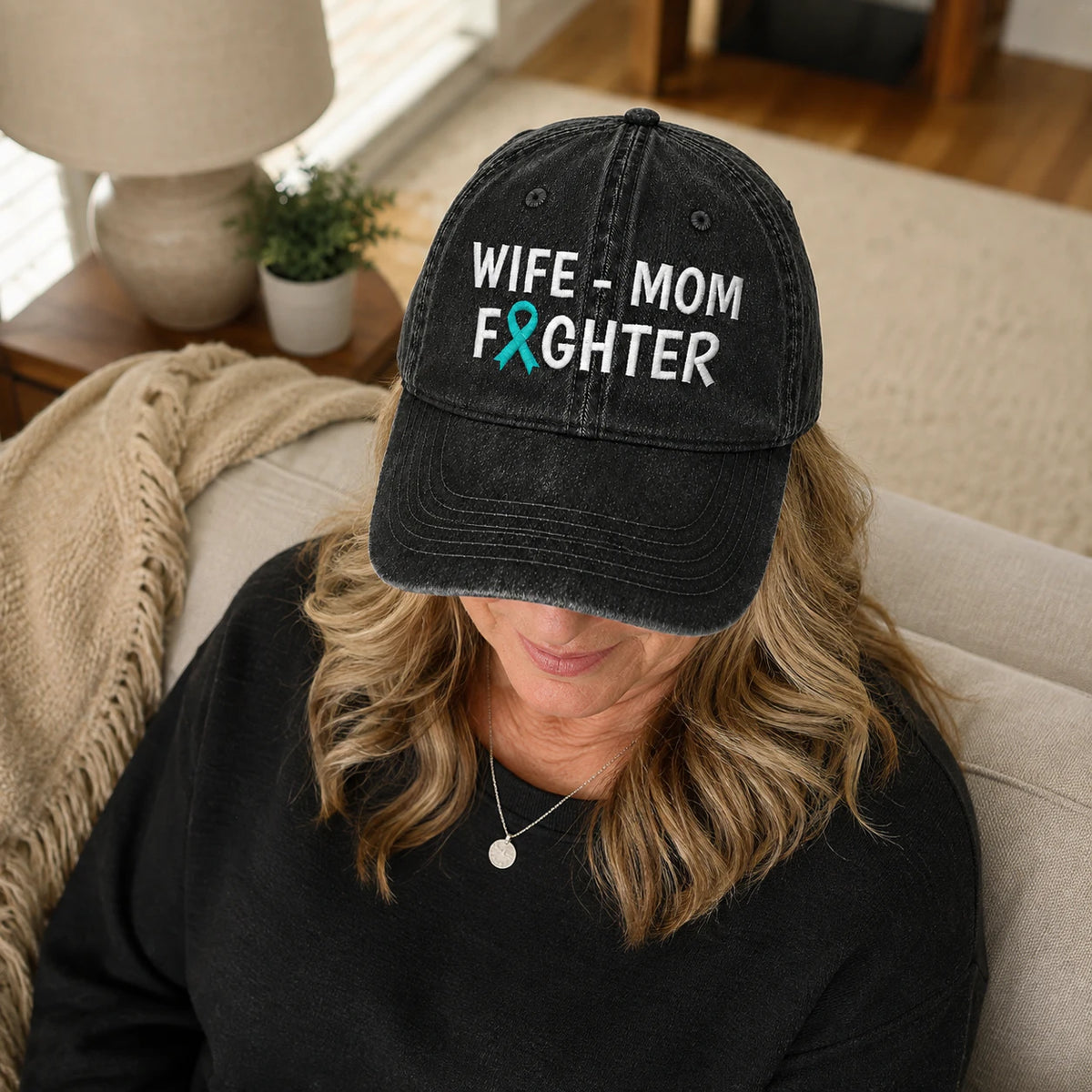 Personalized Wife Mom Fighter Teal Ribbon Embroidered Washed Cap