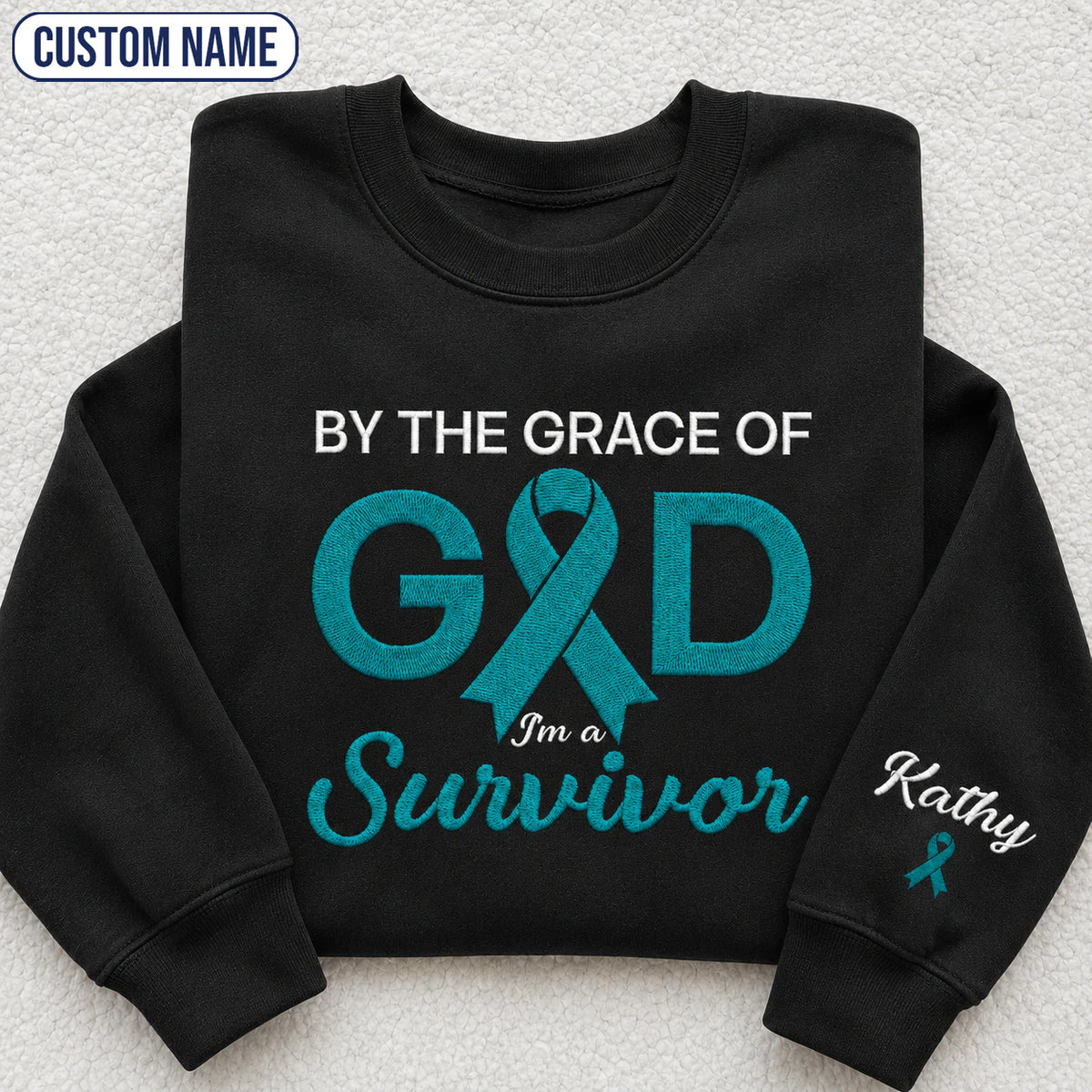 Personalized By the Grace of God Teal Ribbon Embroidered Unisex Crewneck Sweatshirt