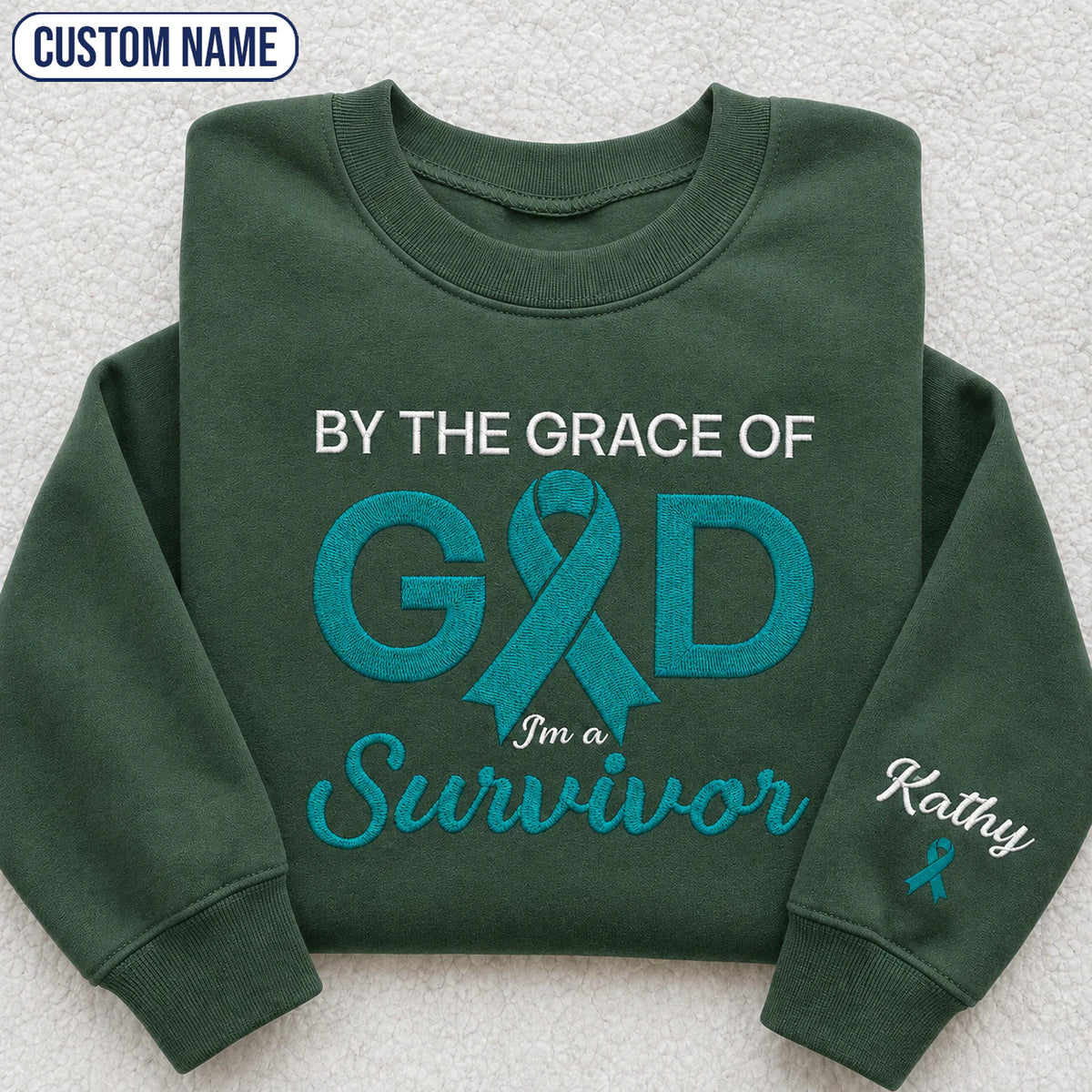 Personalized By the Grace of God Teal Ribbon Embroidered Unisex Crewneck Sweatshirt