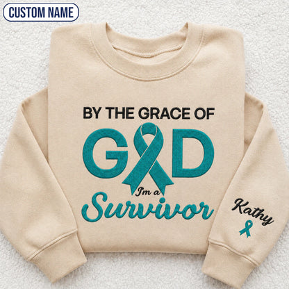 Personalized By the Grace of God Teal Ribbon Embroidered Unisex Crewneck Sweatshirt
