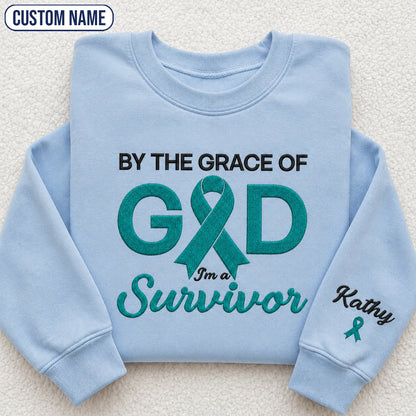 Personalized By the Grace of God Teal Ribbon Embroidered Unisex Crewneck Sweatshirt