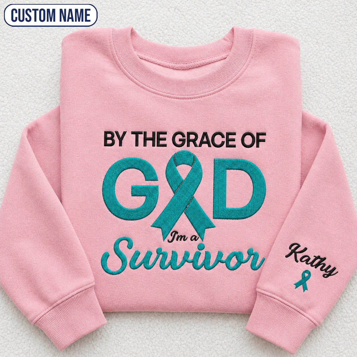 Personalized By the Grace of God Teal Ribbon Embroidered Unisex Crewneck Sweatshirt