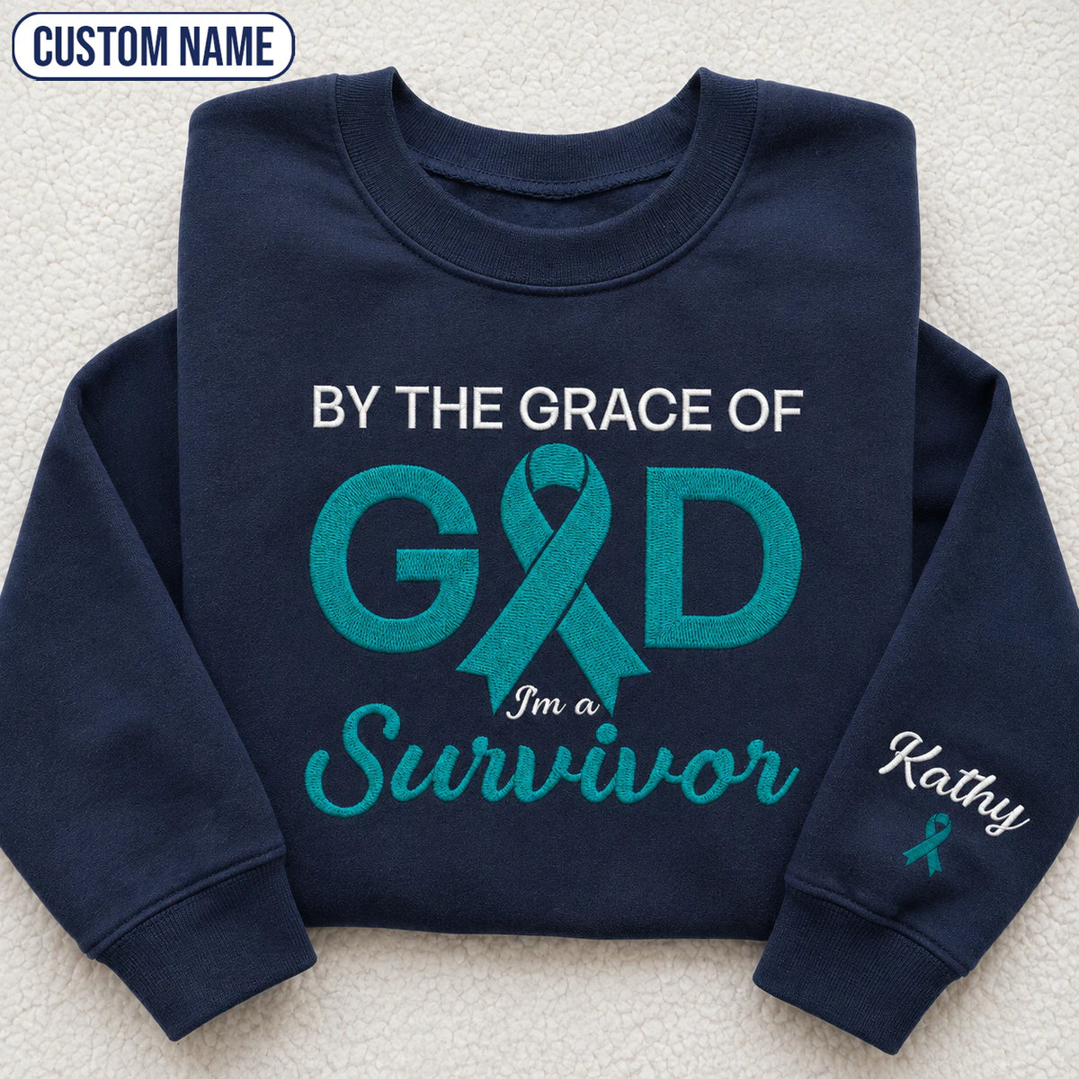 Personalized By the Grace of God Teal Ribbon Embroidered Unisex Crewneck Sweatshirt