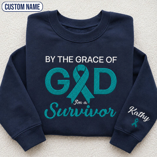 Personalized By the Grace of God Teal Ribbon Embroidered Unisex Crewneck Sweatshirt