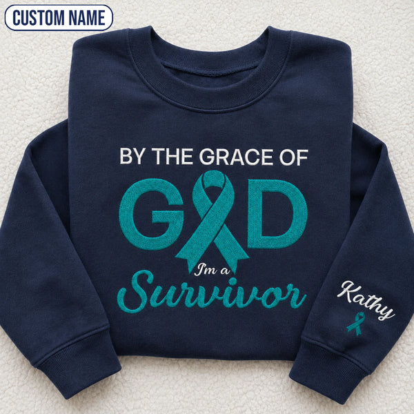 Personalized By the Grace of God Teal Ribbon Embroidered Unisex Crewneck Sweatshirt