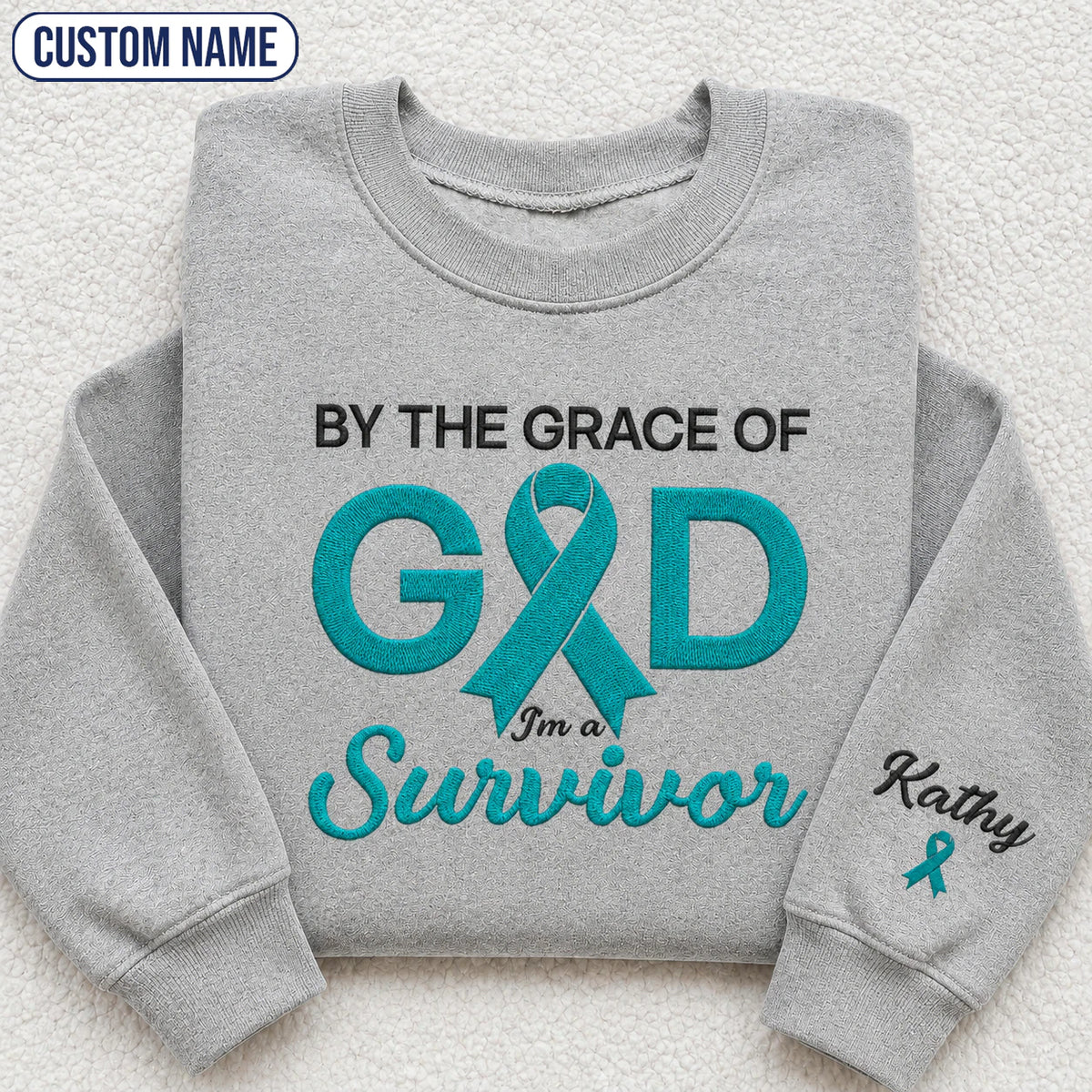Personalized By the Grace of God Teal Ribbon Embroidered Unisex Crewneck Sweatshirt