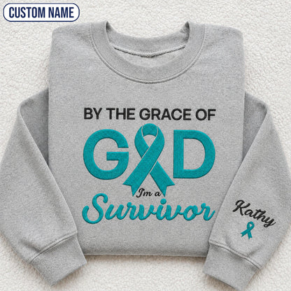 Personalized By the Grace of God Teal Ribbon Embroidered Unisex Crewneck Sweatshirt