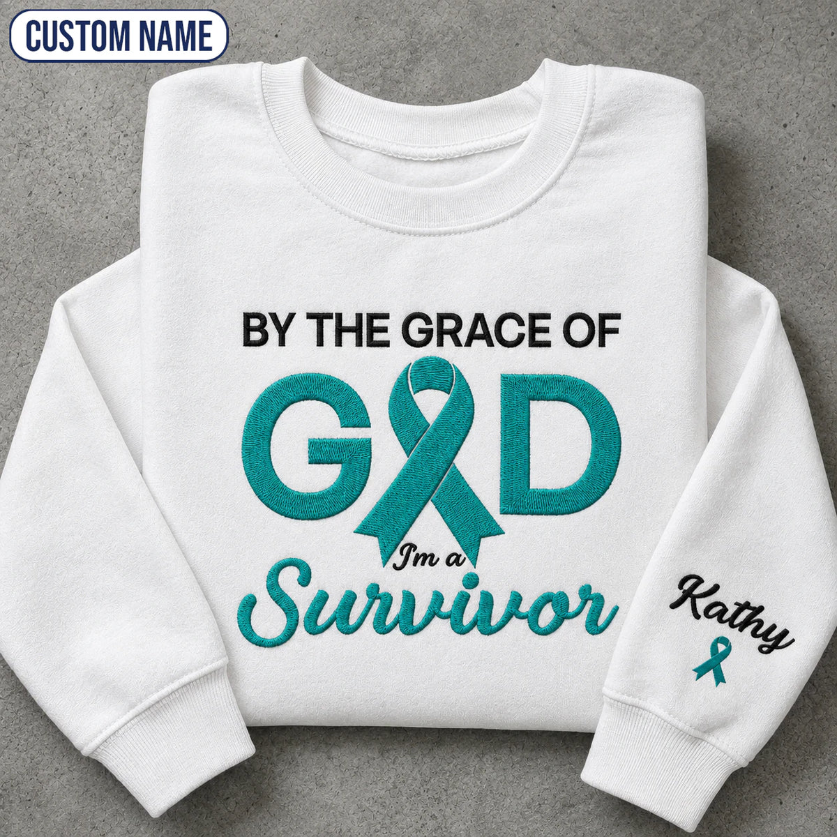 Personalized By the Grace of God Teal Ribbon Embroidered Unisex Crewneck Sweatshirt