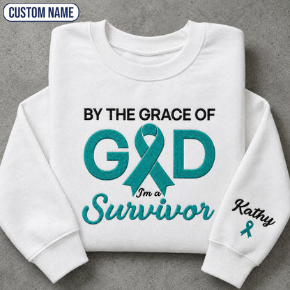 Personalized By the Grace of God Teal Ribbon Embroidered Unisex Crewneck Sweatshirt