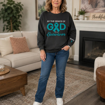 Personalized By the Grace of God Teal Ribbon Embroidered Unisex Crewneck Sweatshirt